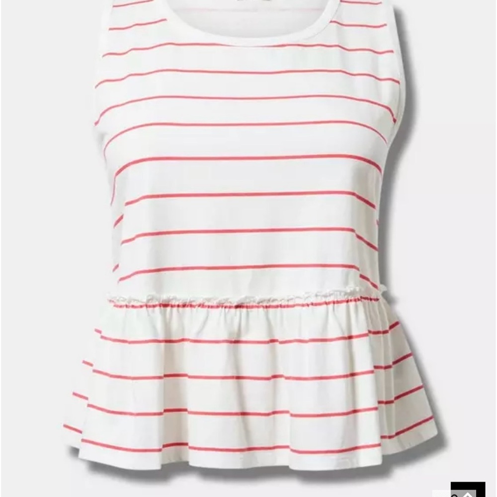 NWT Torrid White and Red Striped Crew Neck Tank Top with Ruffle Details